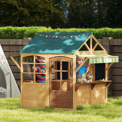 AIYAPLAY Wooden Playhouse for Kids, Foldable Wendy House with Windows, Working Door, Service Stations, Rain Covers, Brown 