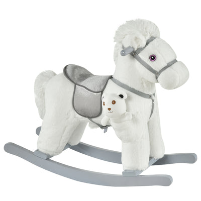 HOMCOM Kids Plush Ride-On Rocking Horse Toy Rocker with Plush Toy Realistic Sounds for Child 18-36 Months White 