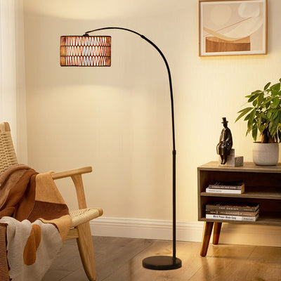 HOMCOM Rattan Floor Lamp for Living Room, Farmhouse Arc Standing Lamp with Dual-Layer Shade & Foot Switch, Height Adjustable Minimalist Tall Pole Lampshade for Bedroom, Office, Black 