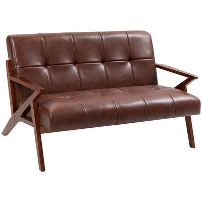 HOMCOM Compact 2 Seater Sofa, Vintage Tufted Loveseat Sofa with Solid Wood Legs, PU Leather Small Couch Settee for Living Room, Bedroom, Home Office, 133 x 81 x 78.5 cm, Brown 