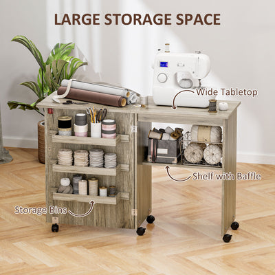 HOMCOM Folding Sewing Table, Drop Leaf Craft Table with Storage Bins, Open Shelf and Wheels, Rolling Sewing Machine Cabinet Computer Desk for Small Space, Grey 