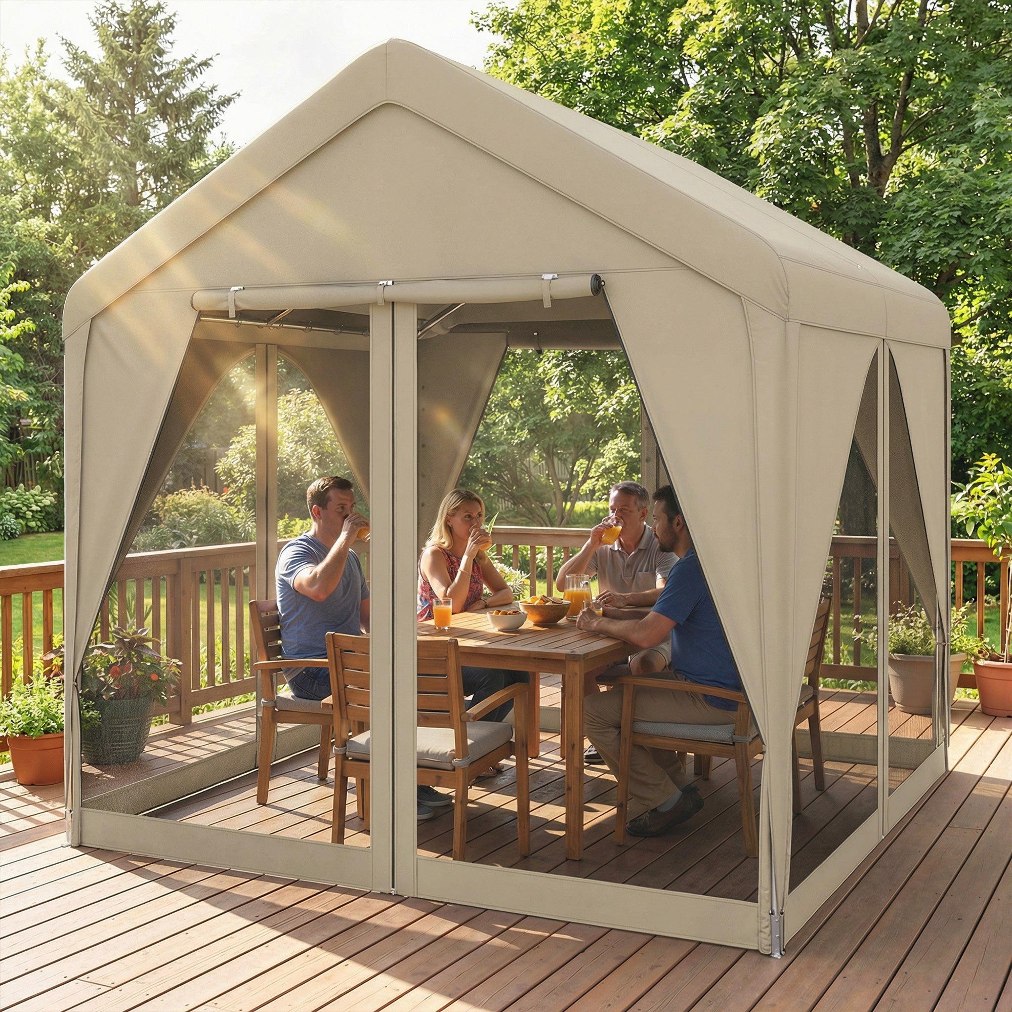 Outsunny 3 x 3 m Patio Gazebo with Netting & Curtains, Outdoor Canopy Shelter with Galvanised Steel Frame, Khaki 