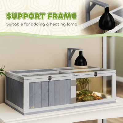 PawHut Wooden Tortoise House with Lamp Holder, Clear Observation Window, Openable Tops, Built-in Tray, Light Grey 