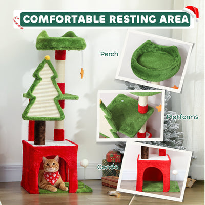 PawHut Christmas Cat Tree, 120cm Cat Tower with Scratching Post & Board, Platform, Toys, Green 