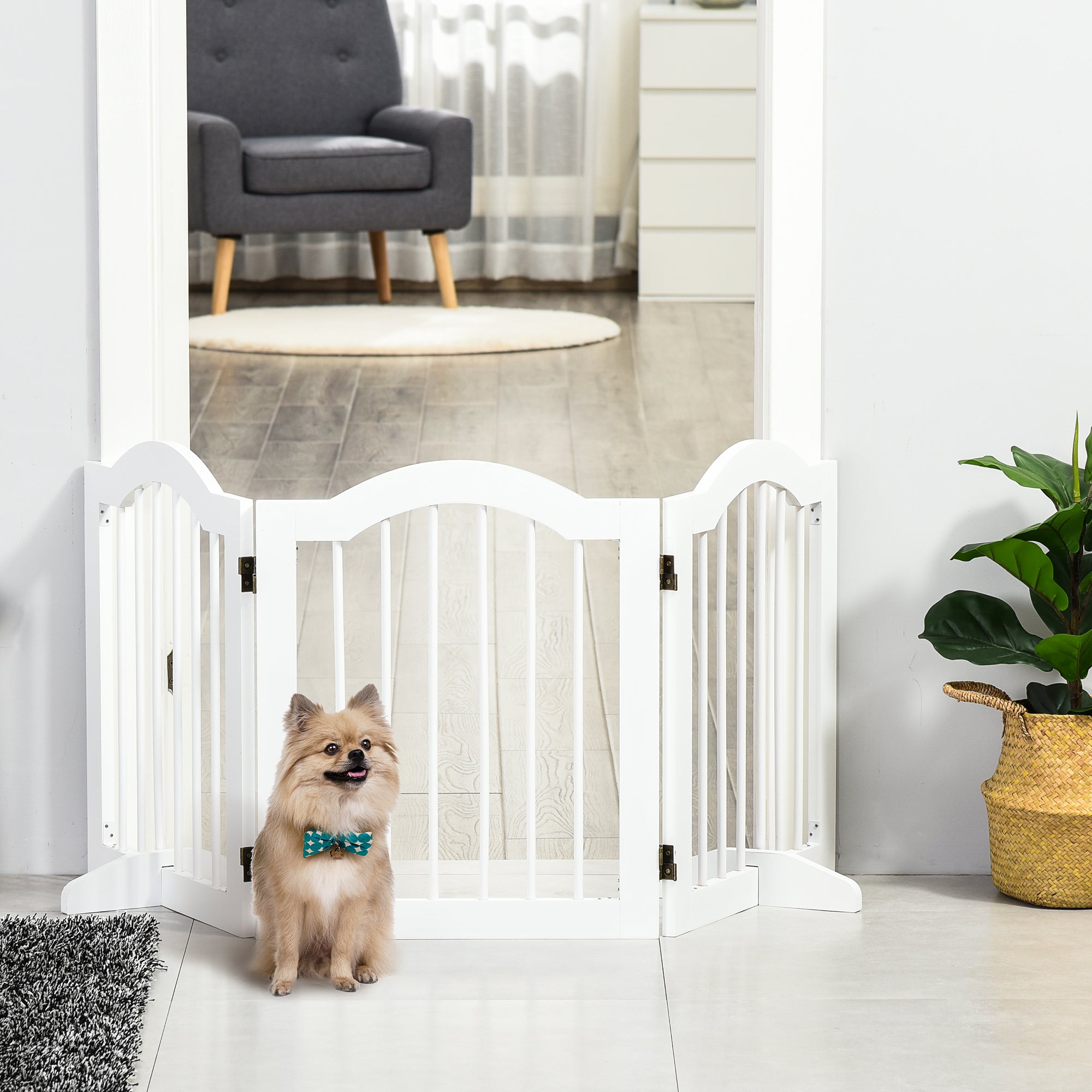 PawHut 3 Panels Dog Gate w/ Support Feet Fence Safety Barrier Freestanding Wood White 
