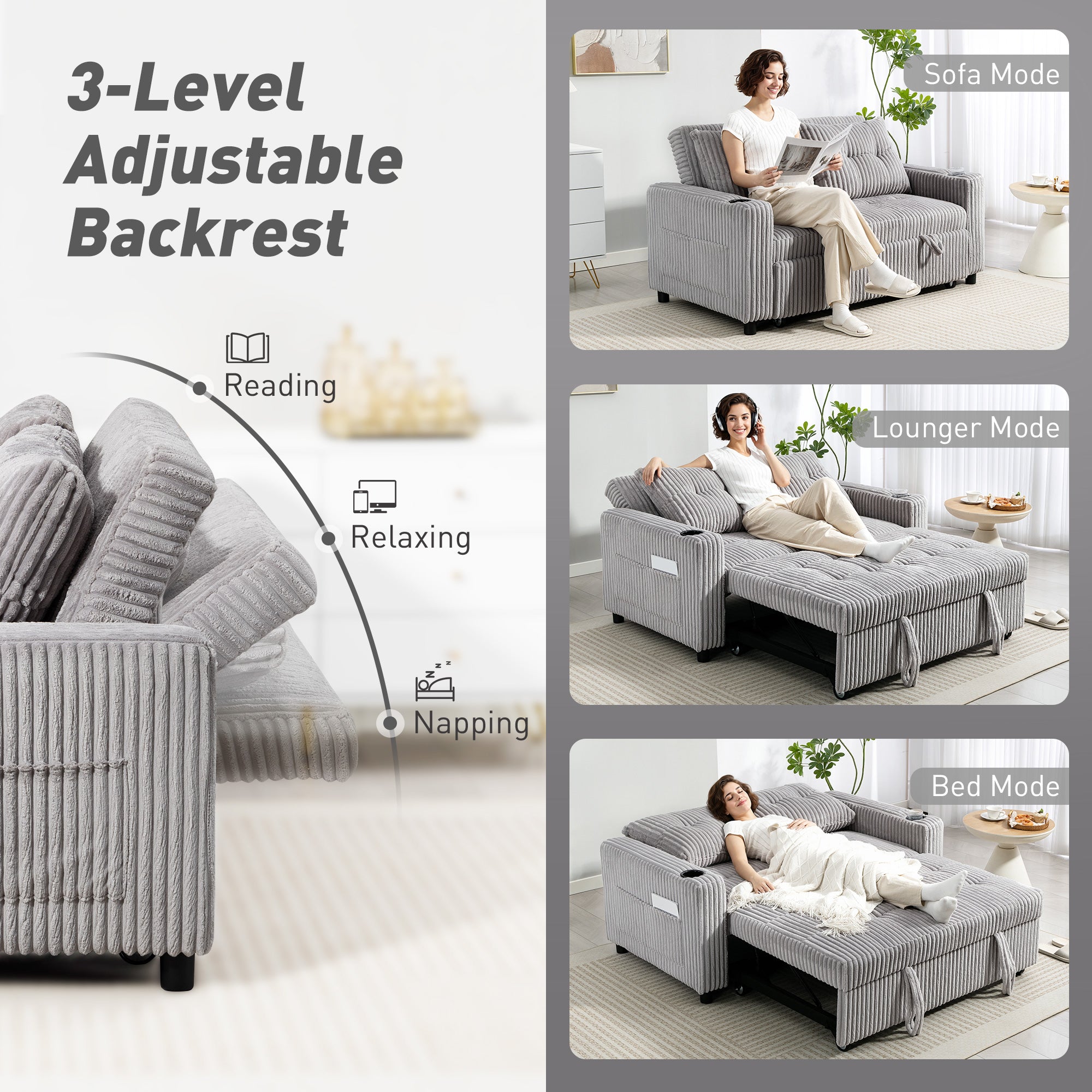 HOMCOM 2 Seater Click Clack Sofa Bed with Pull Out Design, Corduroy Upholstery - Light Grey 