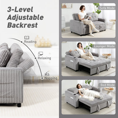 HOMCOM 2 Seater Click Clack Sofa Bed with Pull Out Design, Corduroy Upholstery - Light Grey 