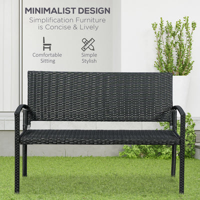Outsunny 2 Seater Poly Rattan Garden Bench, All Weather Wicker Garden Loveseat, Outdoor Seating Bench with 240 Load Capacity, Backrest and Armrests for Patio, Terrace, Balcony, Black 