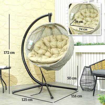 Outsunny Hanging Egg Chair Outdoor Indoor Garden Swing Chair with Folding Basket, Garden Hanging Chair with Stand, Thickened Cushion, Cup Holder for Patio, Balcony, Khaki 