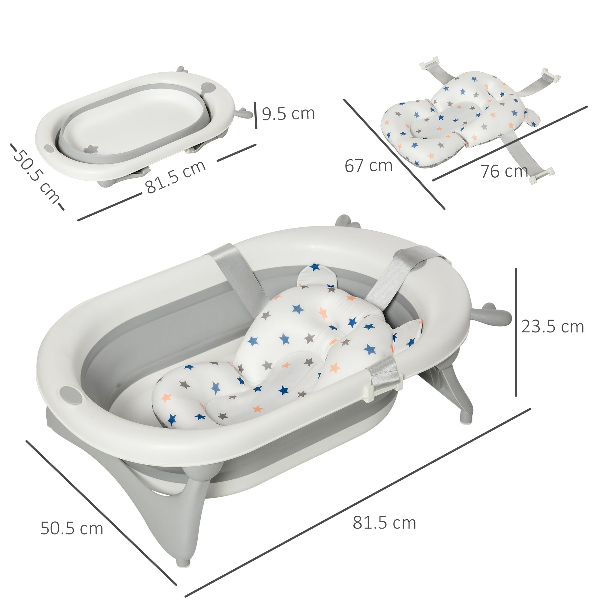 HOMCOM Foldable Baby Bathtub Set, Collapsible Bath Tub with Thermostatic Water Plug, Non-Slip Support, Cushion Pad, Drain Plugs, for Newborn to 3 Years - Offwhite 