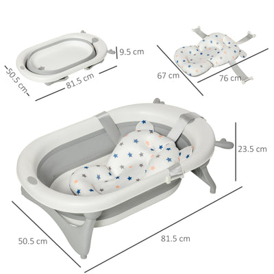 HOMCOM Foldable Baby Bathtub Set, Collapsible Bath Tub with Thermostatic Water Plug, Non-Slip Support, Cushion Pad, Drain Plugs, for Newborn to 3 Years - Offwhite 