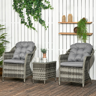 Outsunny 3 Pieces Rattan Bistro Set, Wicker Garden Bistro Set, Glass Top Balcony Table and Chairs with Cushions for Outdoor, Patio, Balcony, Grey 