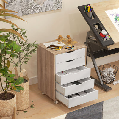 Vinsetto Five-Drawer Filing Cabinet, with Wheels - Oak Brown 