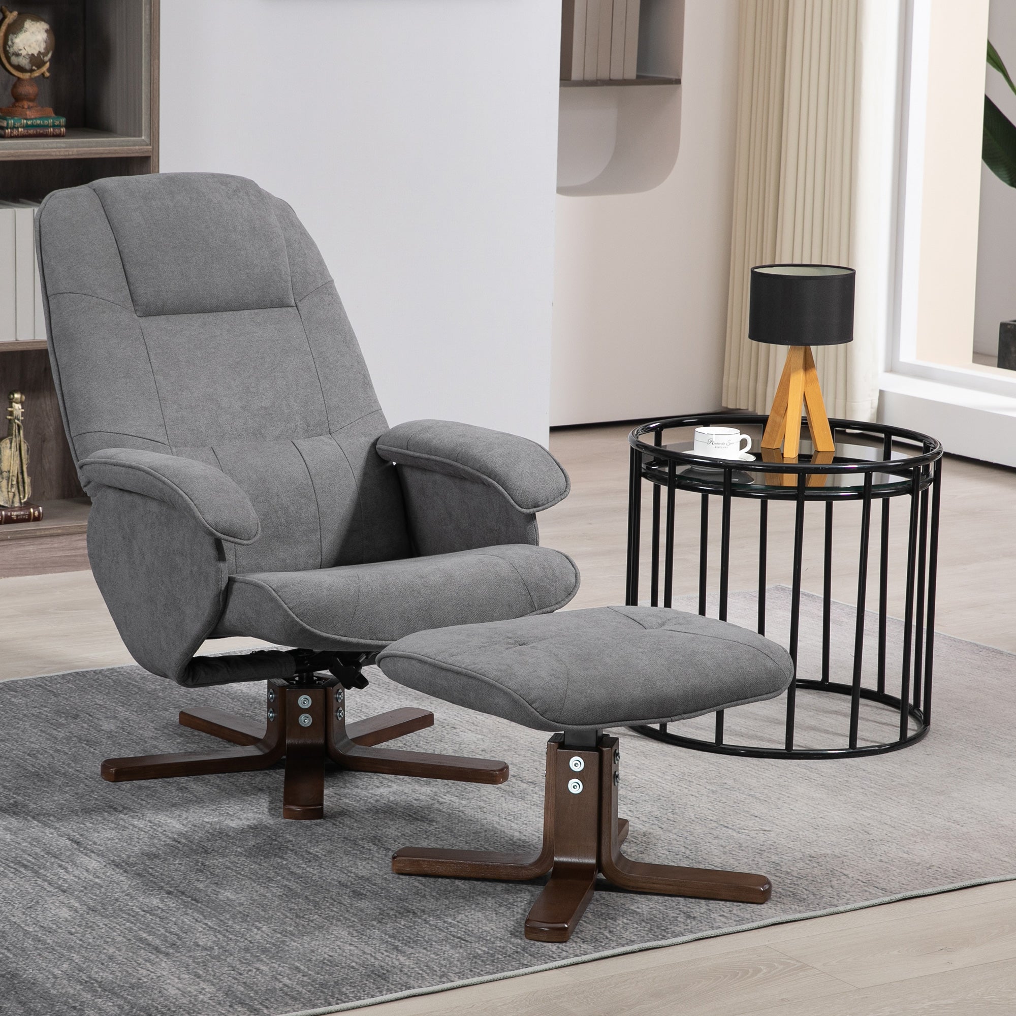 HOMCOM Linen Swivel Recliner Chair with Footstool, Upholstered Reclining Armchair with Wooden Base for Living Room, Grey 