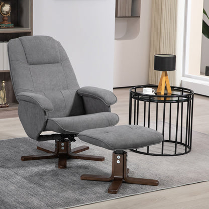 HOMCOM Linen Swivel Recliner Chair with Footstool, Upholstered Reclining Armchair with Wooden Base for Living Room, Grey 