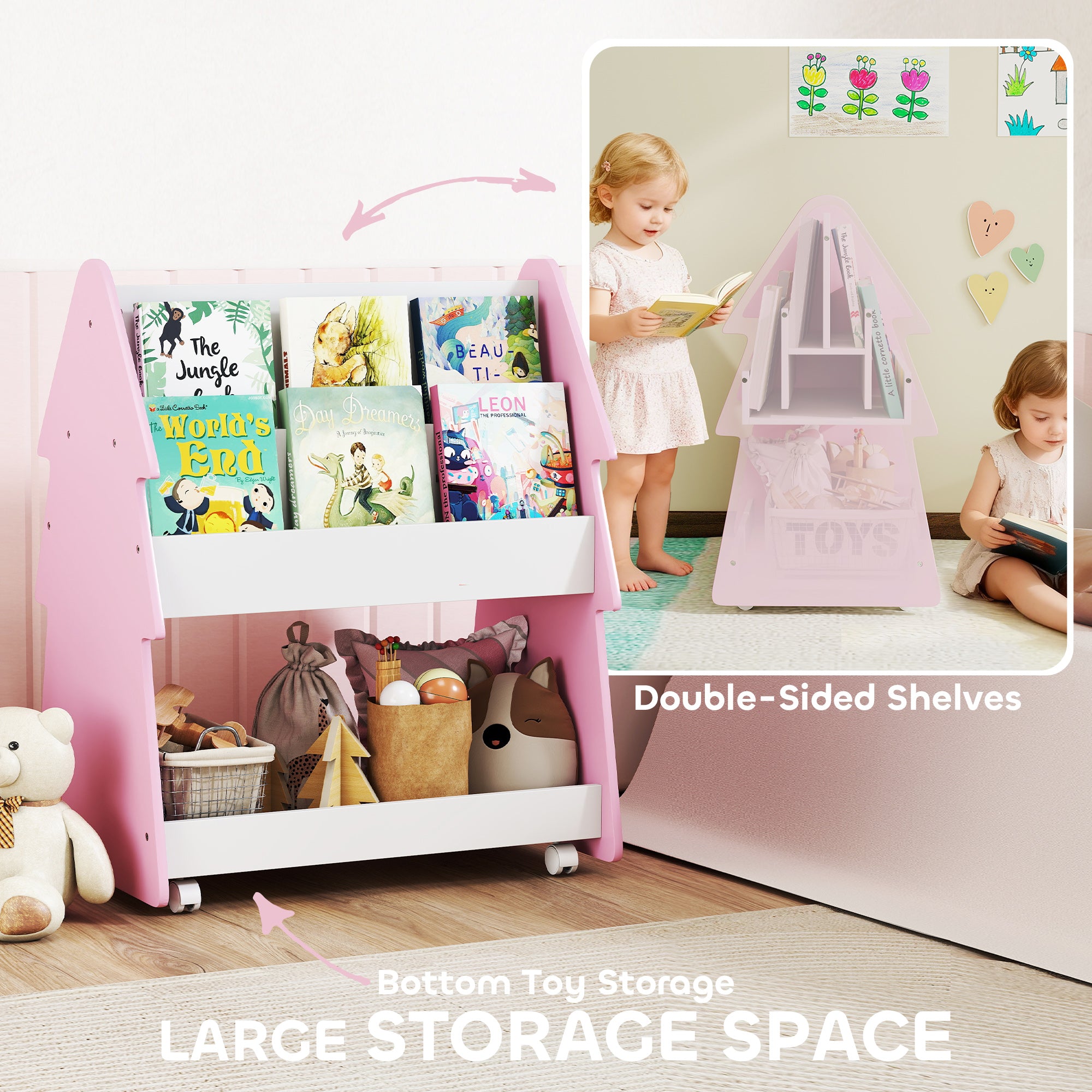 AIYAPLAY Kids Bookshelf with Toy Storage, Double-Sided Bookcase with Wheels, 3 Tier Kids Book Rack for Bedroom, Pink 