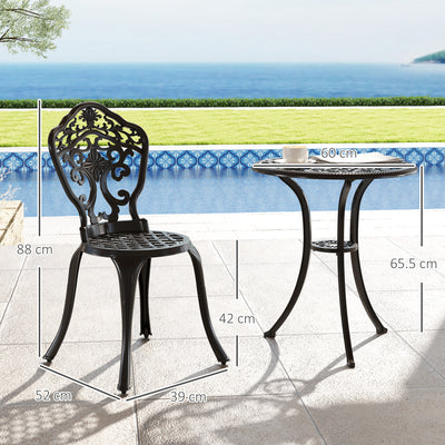 Outsunny 3 Piece Cast Aluminium Garden Bistro Set for 2 with Parasol Hole, Outdoor Coffee Table Set, Two Armless Chairs and Round Coffee Table for Balcony, Patio, Black 