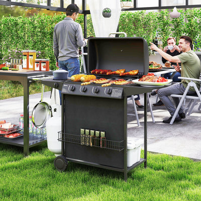 Outsunny 4+1 Burner Gas BBQ Grill, Portable Gas Barbecue Grill with Built-in Thermometer, Lid, Side Table, Shelf, Spice Rack, Wheels, Grease Cup for Garden Party Outdoor Cooking, Black 