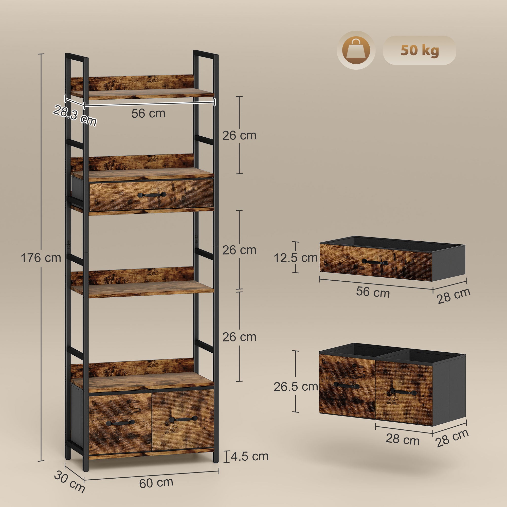 HOMCOM Industrial Style Bookcase, with 4 Shelves and 3 Fabric Drawers - Brown/Black 