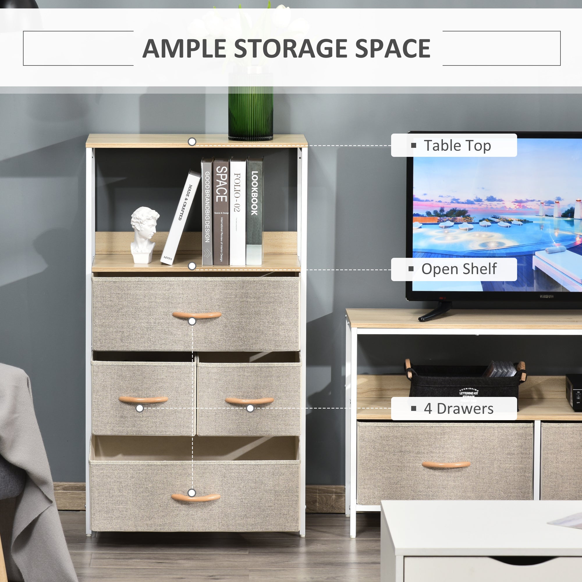 HOMCOM 4 Drawer Storage Chest Unit Home Cabinet w/ Shelves Home Living Room Bedroom Entryway Living Furniture, Light Grey 