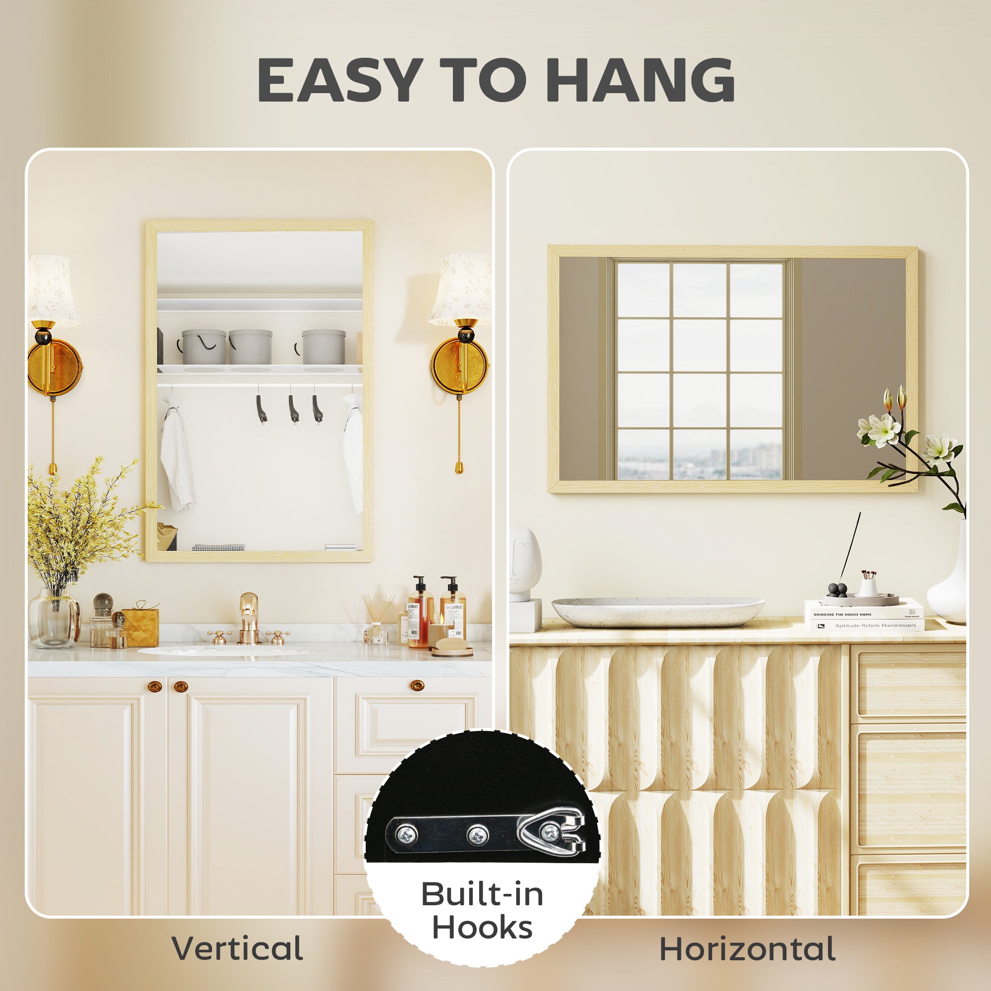 HOMCOM Wall Bathroom Mirror, 60 x 40 cm Wall-Mounted Mirror for Living Room, Bedroom, Hallway, Natural Wood Finish 