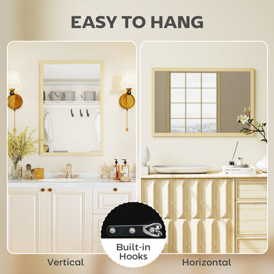 HOMCOM Wall Bathroom Mirror, 60 x 40 cm Wall-Mounted Mirror for Living Room, Bedroom, Hallway, Natural Wood Finish 