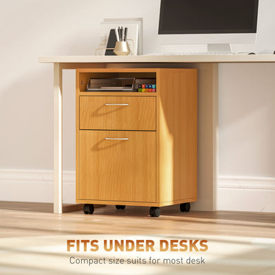 HOMCOM 60cm Filing Cabinet with Drawer, Open Shelf, Metal Handles and 4 Wheels, Office Home Organiser Mobile Printer, Natural Wood Finish 