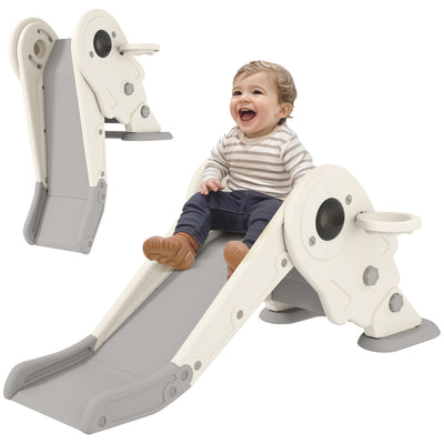 AIYAPLAY 3-in-1 Kids Slide with Basketball Hoop, Climber, Anti-Slip Steps for Toddlers, Ages 2-5 Years, Cream White 