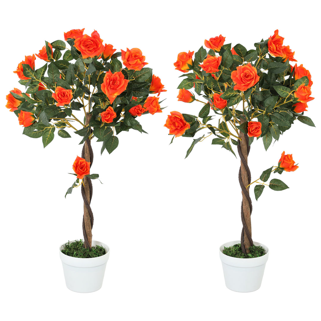 Outsunny Set of 2 Artificial Plants White Rose Floral in Pot, Fake Plants for Home Indoor Outdoor Decor, 90cm, Orange 