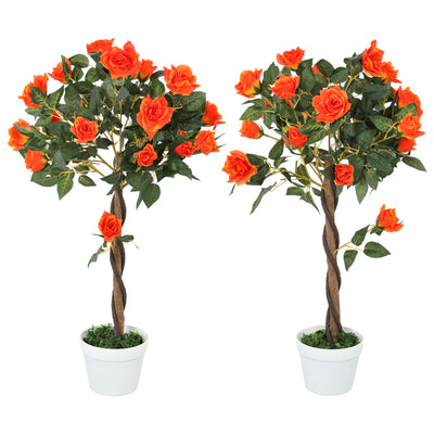 Outsunny Set of 2 Artificial Plants White Rose Floral in Pot, Fake Plants for Home Indoor Outdoor Decor, 90cm, Orange 