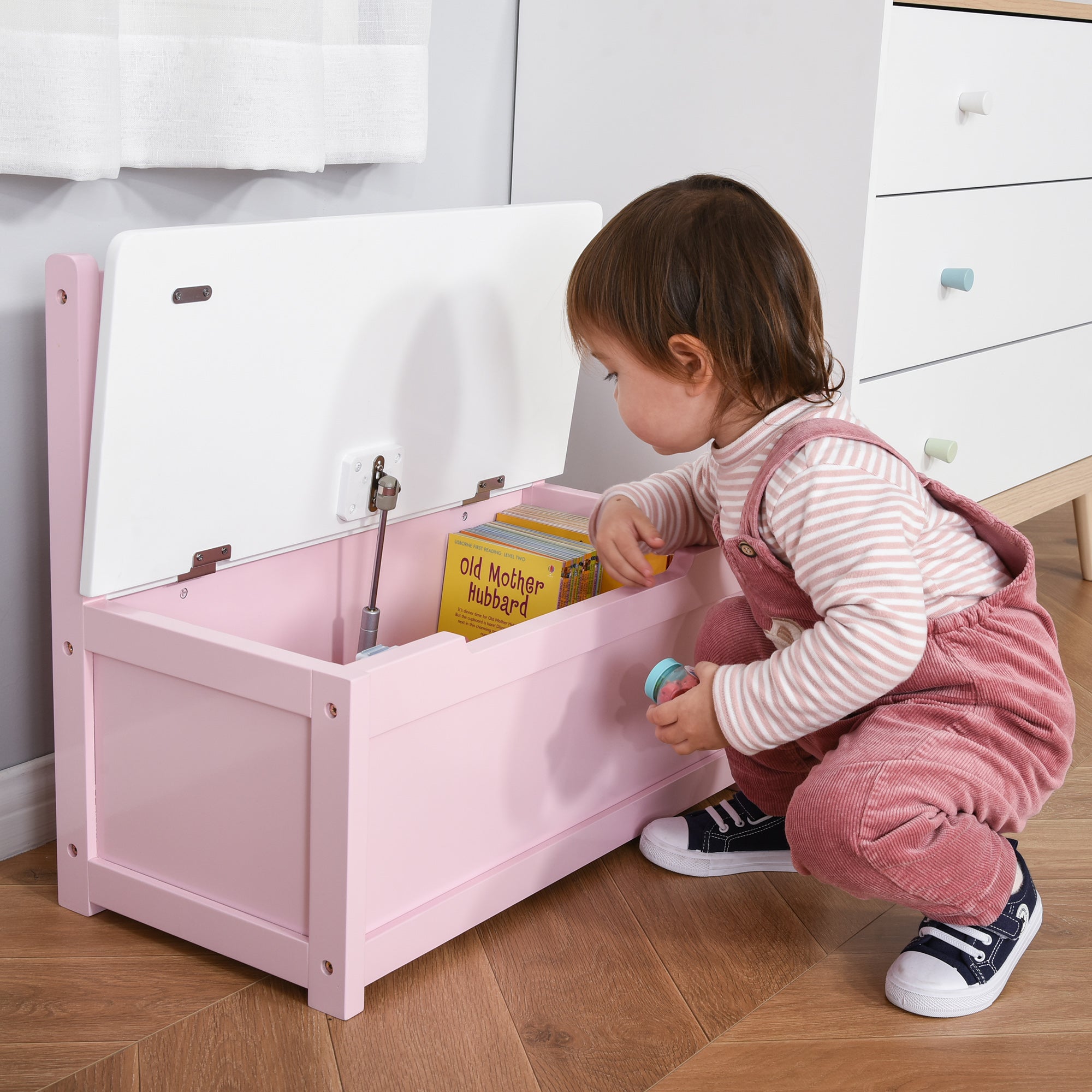HOMCOM 2 In 1 Wooden Toy Box, Seat Storage Bench, Storage Chest Cabinet Organiser with Safety Pneumatic Rod, Pink 