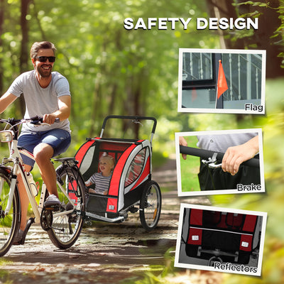 HOMCOM Baby Bike Trailer, Child Bicycle Trailer with 5 Point Harness, Steel Frame, Reflectors, Safety Flag, Hitch Coupler, Red 