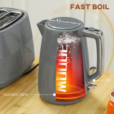 HOMCOM Kettle and Toaster Set, 1.7L 3000W Fast Boil Kettle & 2 Slice Toaster Kitchen Set with 7 Level Browning Controls, Defrost, Reheat, Boil-dry Protection, Grey 