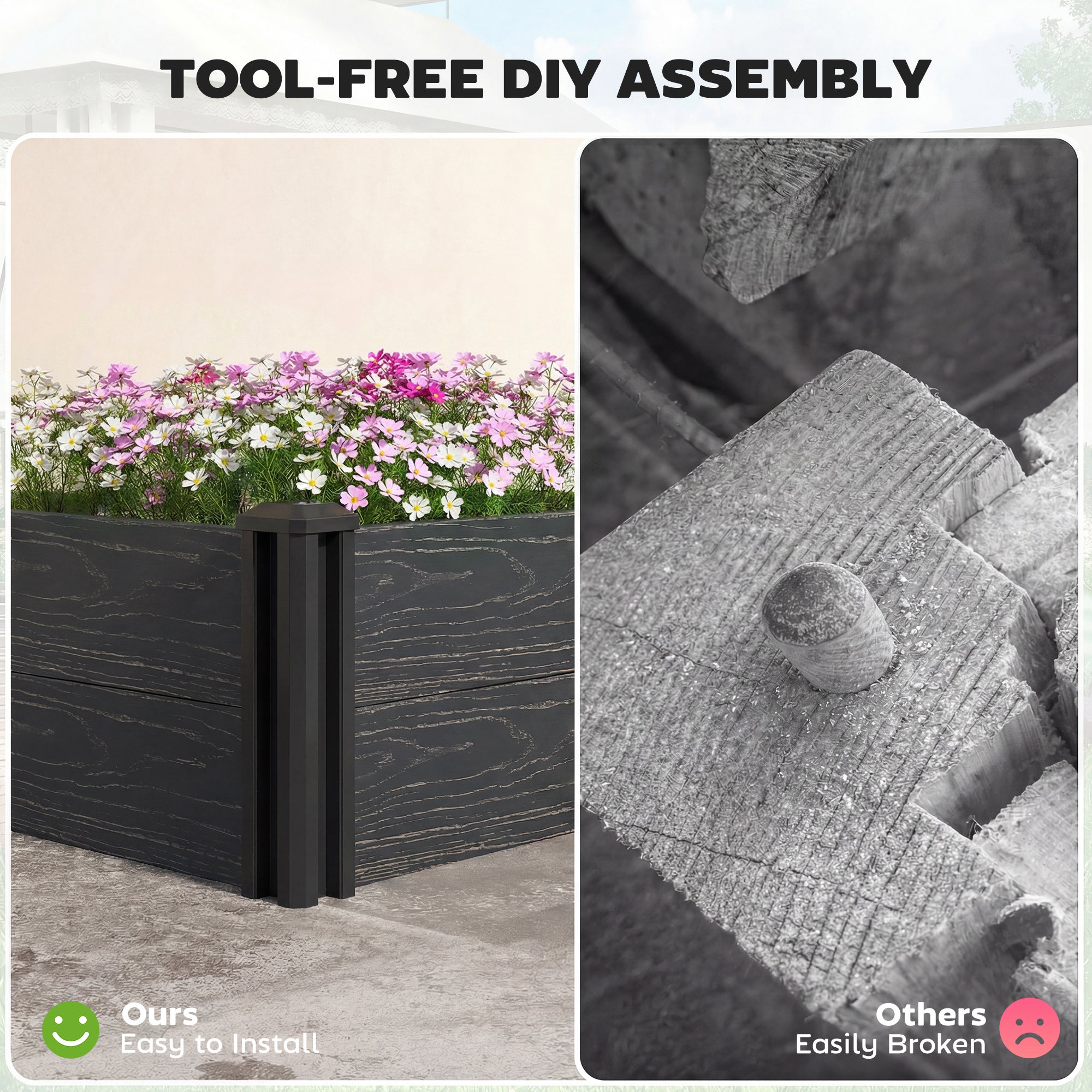Outsunny Vinyl Raised Garden Bed Kit, 2 x 2 x 1ft Modular Elevated Garden Box with Slotting Legs and Open Bottom, Dark Grey 