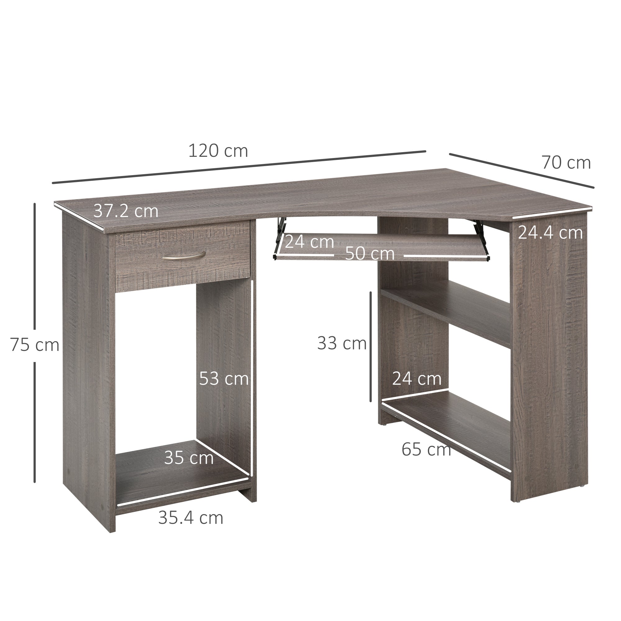 HOMCOM L-Shaped Corner Computer Desk w/ 2 Shelves Wide Worktop Keyboard Tray Drawer & CPU Stand Home Office Study Bedroom Furniture Grey 