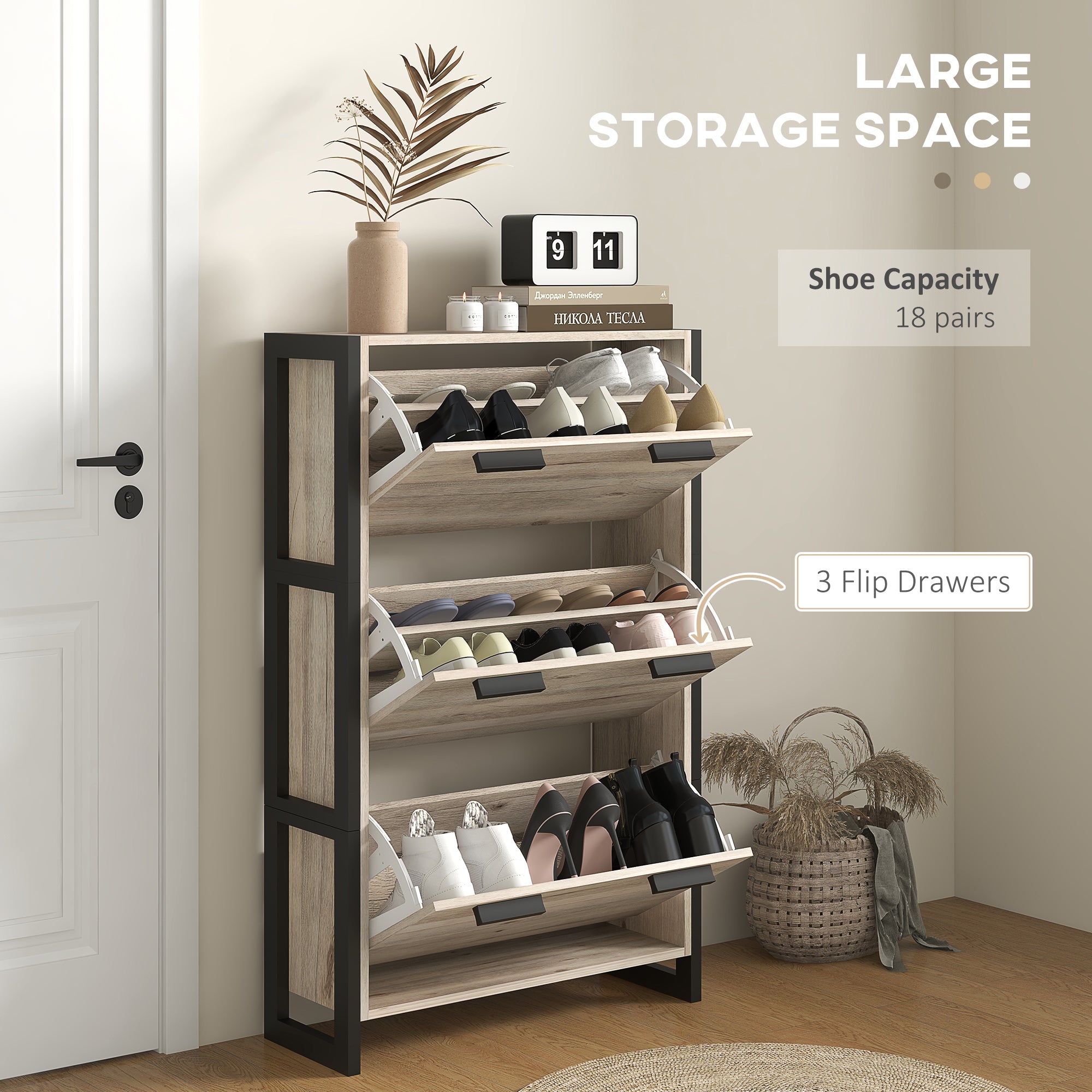 HOMCOM Shoe Storage Cabinet with 3 Flip Drawers Adjustable Shelf 18 Pairs Narrow Shoe Cupboard for Entryway Natural Wood-effect 