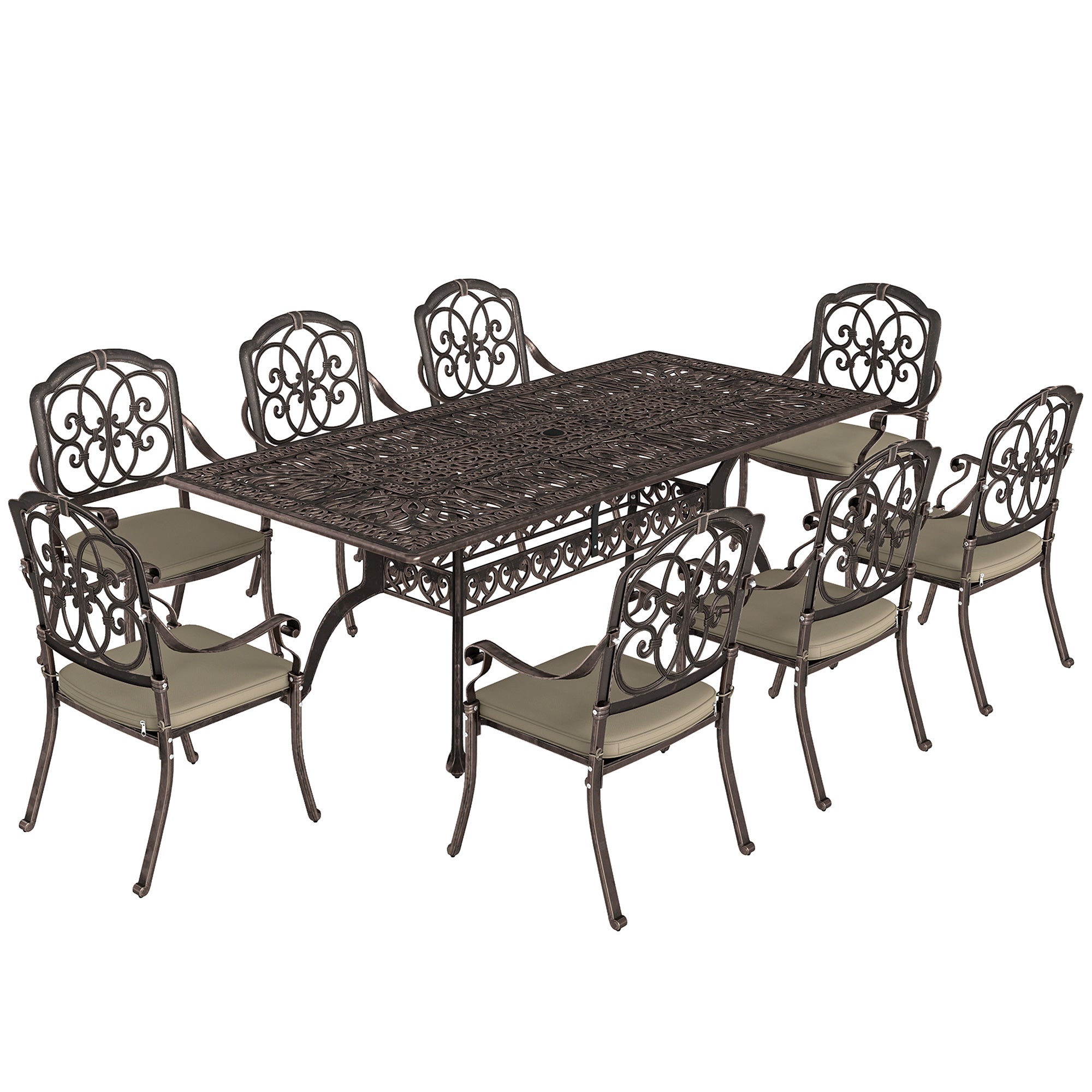 Outsunny 9 Piece Cast Aluminium Garden Dining Set, Garden Table and Chairs Set with Cushions, Parasol Hole for Patio, Bronze Tone 