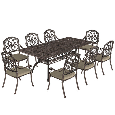 Outsunny 9 Piece Cast Aluminium Garden Dining Set, Garden Table and Chairs Set with Cushions, Parasol Hole for Patio, Bronze Tone 