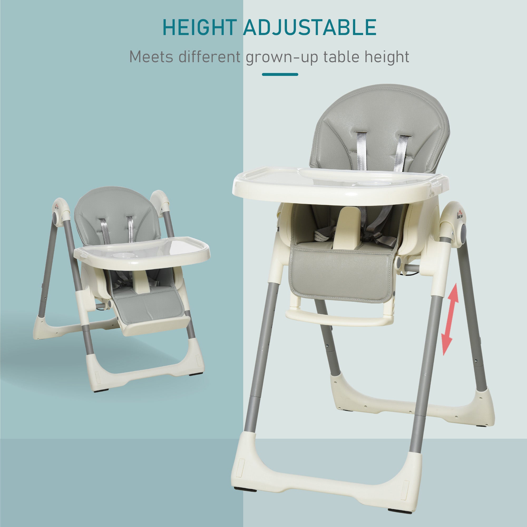 HOMCOM Foldable Baby High Chair Convertible Feeding Chair Height Adjustable with Adjustable Backrest Footrest and Removable Tray 5 Point Safety Harness for Kids 6 - 36 Months Grey 