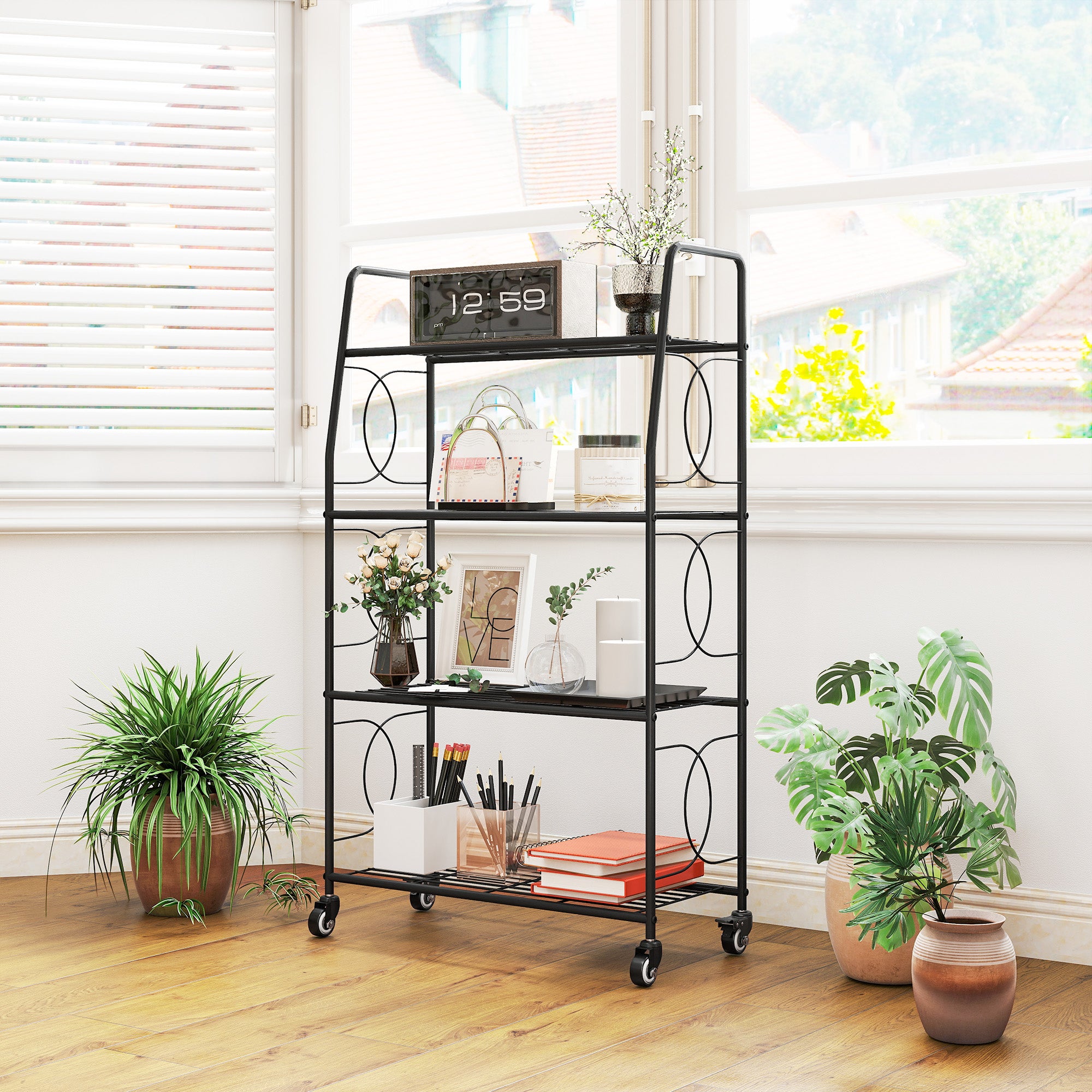 Outsunny 4-Tier Metal Plant Stand, Heavy Duty Ladder Shelf Potted Plants Display Rack with Lockable Wheels 