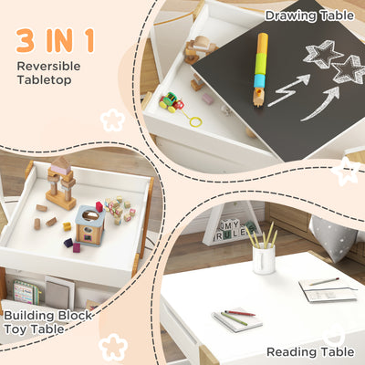 HOMCOM Three-Piece Kids Table and Chair Set with Blackboard, Storage, Bookshelves - Natural Wood 