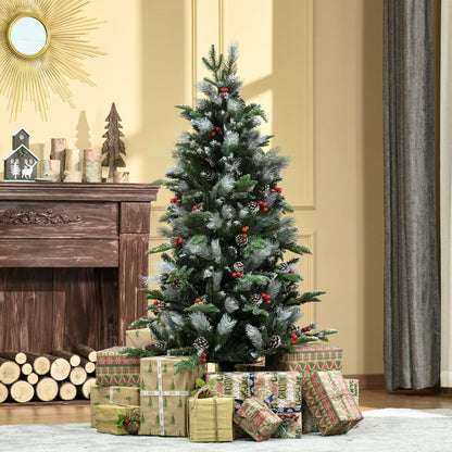 HOMCOM 5FT Artificial Snow Dipped Christmas Tree Xmas Pencil Tree Holiday Home Party Decoration with Foldable Feet Red Berries White Pinecones, Green 