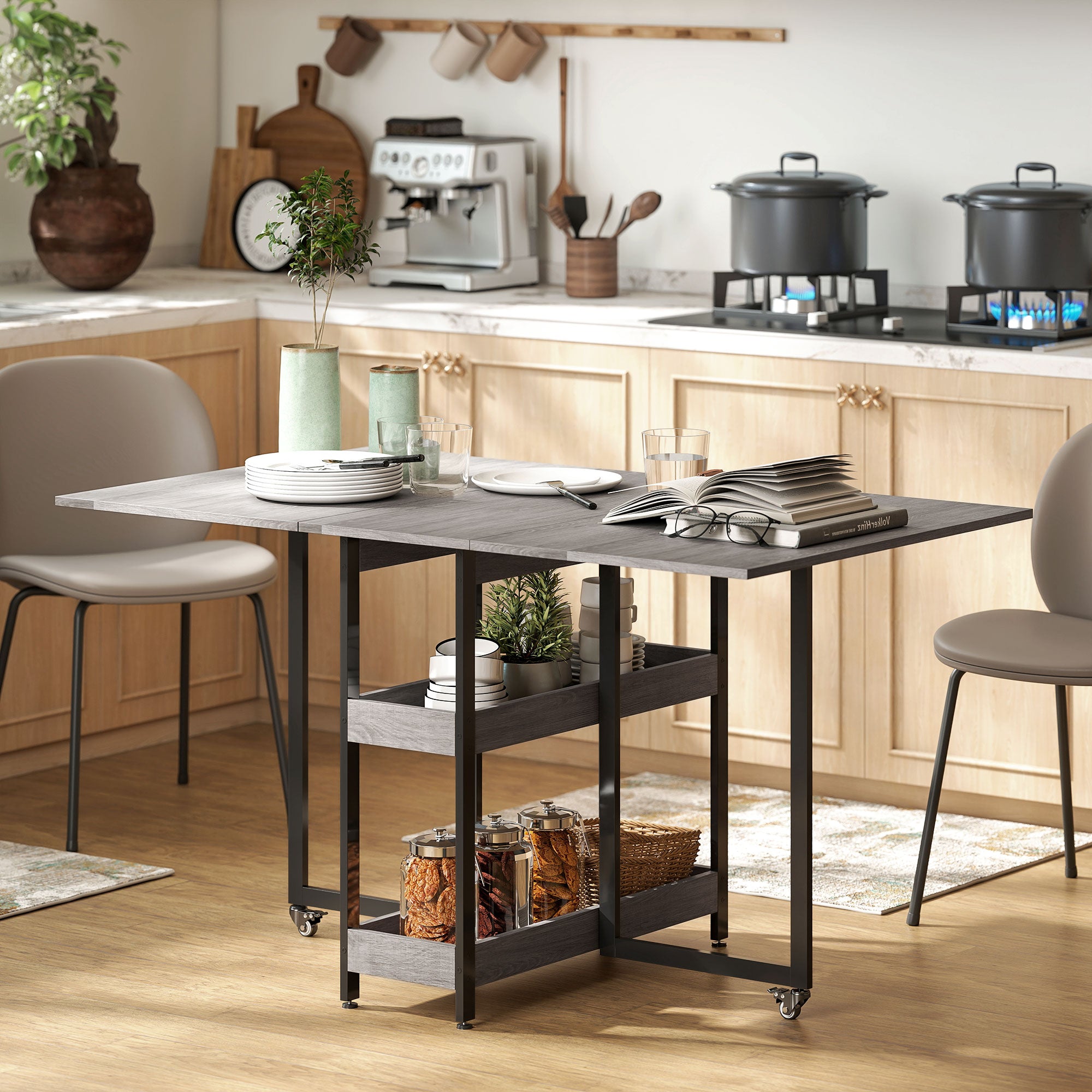 HOMCOM Industrial Folding Dining Table, Drop Leaf Table with Open Compartments for Small Spaces, Kitchen, Dining Room, Grey