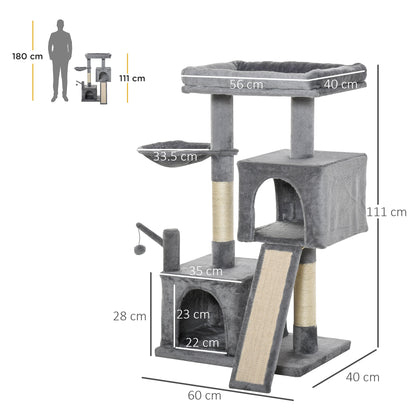 PawHut Cat Tree Tower for Indoor Cats, 111cm Kitten Activity Centre with Scratching Post Pad Hammock Condo Bed Ball Toy, Grey 