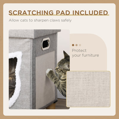 PawHut 2 in 1 Cat Bed Ottoman, Comfortable Cat Sleeping Cave House w/ Removable Cushion, Scratching Pad, Handles, Anti-Slip Foot Pad, Toy Ball, Entrance - Grey 