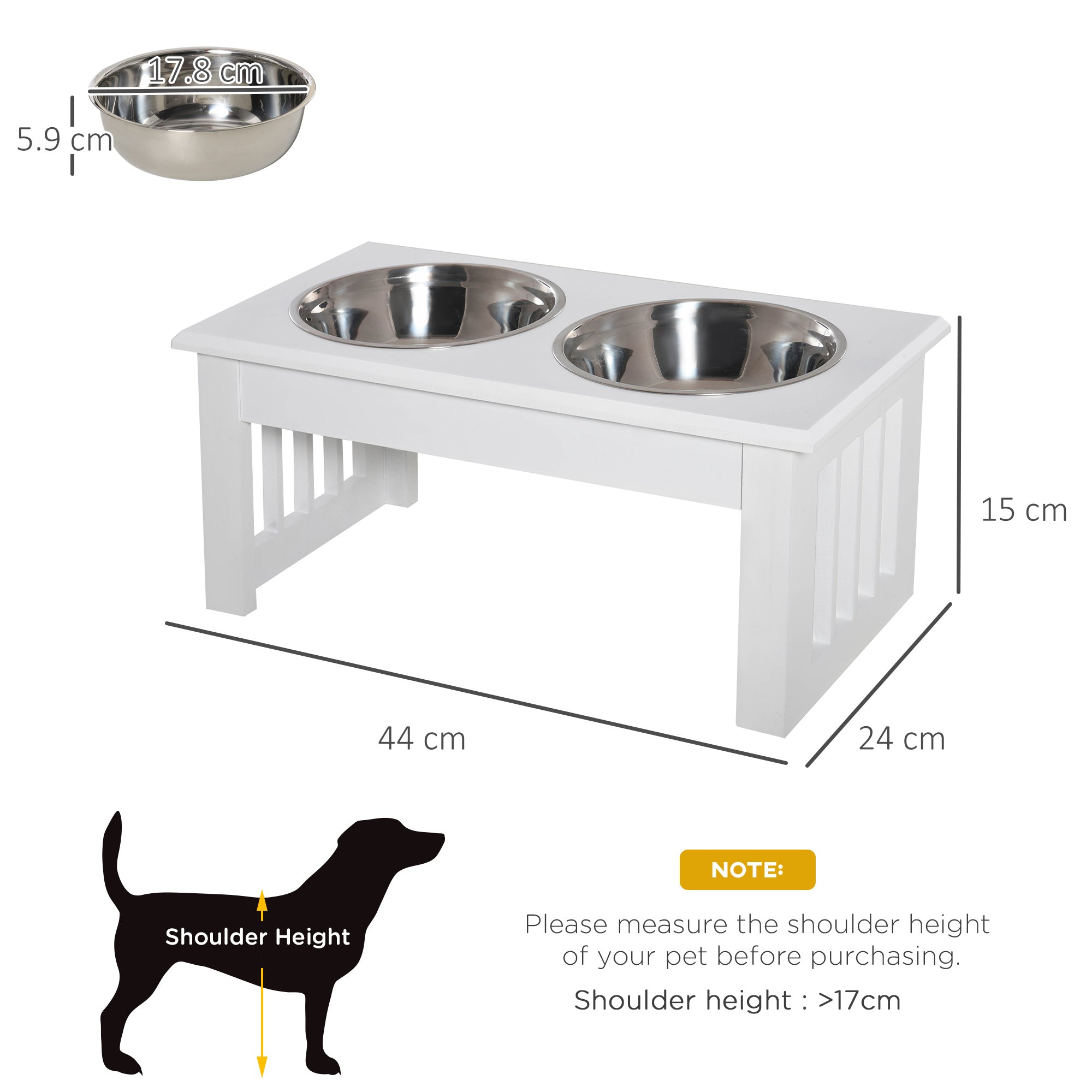 PawHut Raised Dog Feeding Bowls with Stand, Stainless Steel for  Extra Small and Small Dog, 44L x 24W x 15H cm - White 