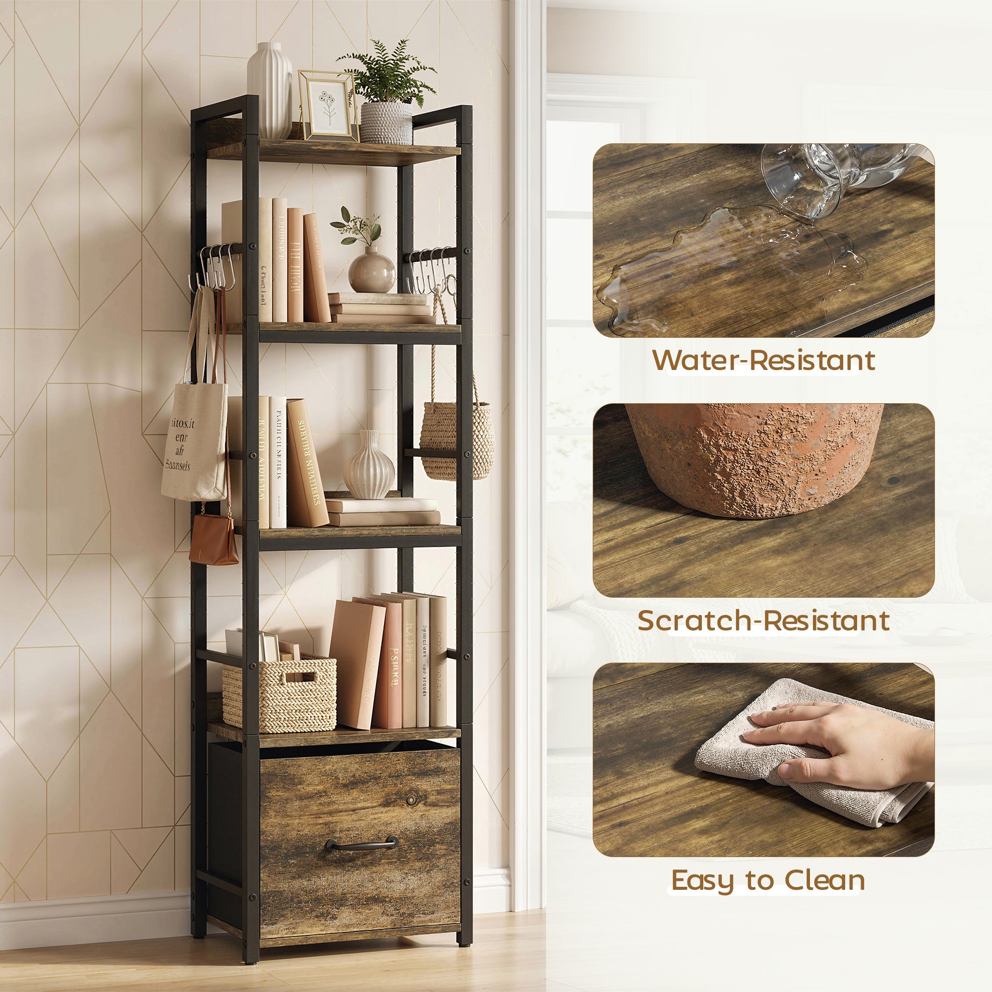 HOMCOM 4-Tier Bookshelf, Narrow Bookcase with Drawer, 8 Hooks, Metal Frame, Rustic Brown 