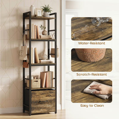 HOMCOM 4-Tier Bookshelf, Narrow Bookcase with Drawer, 8 Hooks, Metal Frame, Rustic Brown 