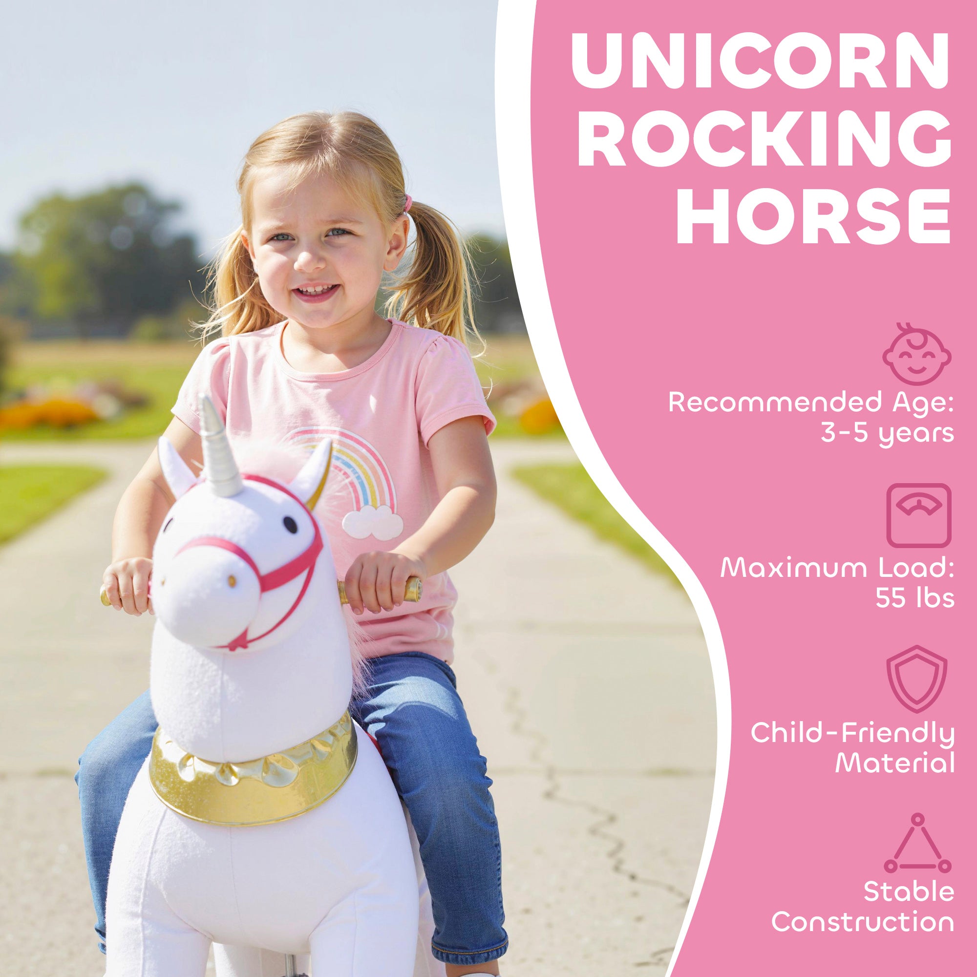 AIYAPLAY Kids Rocking Horse, Plush Walking Horse with Wheels, Ride On Unicorn Toy for Ages 3-5 Years Old, White 