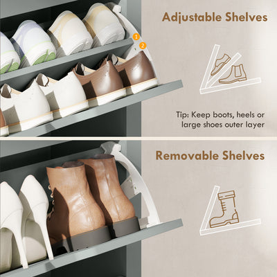 HOMCOM Slim Shoe Cabinet, Narrow Shoe Cupboard with 3 Flip Drawers, Adjustable Shelves for 18 Pairs of Shoes, Light Grey 